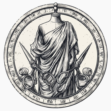 Vintage mannequin with draped fabric, scissors, and spools of thread, in a circular emblem with measurement markings, ideal for fashion design, tailoring and haute couture branding.