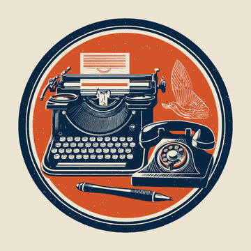 Vintage typewriter, rotary phone, and pen with bird illustration, graphic emblem concept for retro communication, storytelling and nostalgia branding.