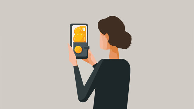 Woman holding smartphone displaying digital wallet with gold coins, isolated on transparent alpha, suitable for fintech, mobile banking and e-commerce advertising.
