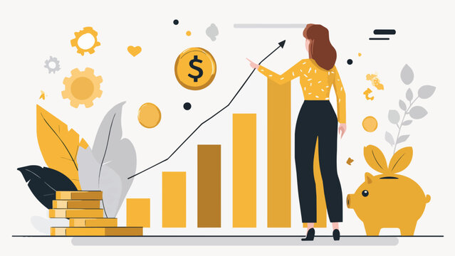 Woman pointing at upward trending bar chart with coins and piggy bank, isolated on transparent background, perfect for finance, investment and business growth.