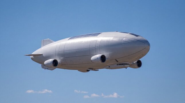 Modern Solar-Powered Airship Flying Against Blue Sky