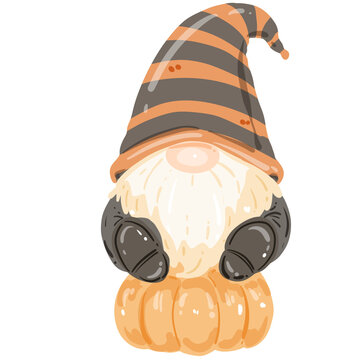 Cute Halloween gnome illustration set with spooky elements, pumpkins, ghost, and witch hat