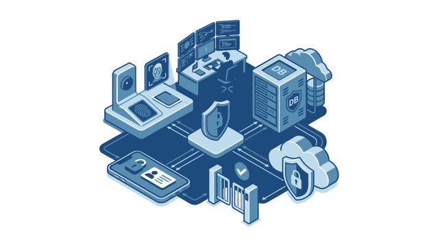 Digital security shield protects online data systems in an isometric layout.