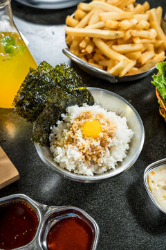 Rice with raw egg yolk and soy