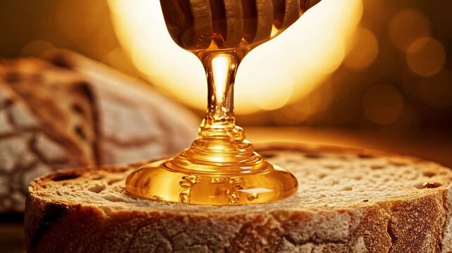 Golden Organic Honey Drizzling Over Sourdough Bread
