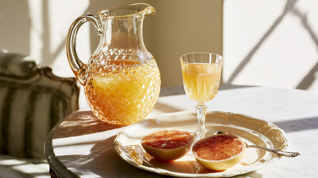 Freshly squeezed grapefruit juice in a decorative pitcher and glass, with sliced citrus on a plate. Inviting and refreshing healthy beverage