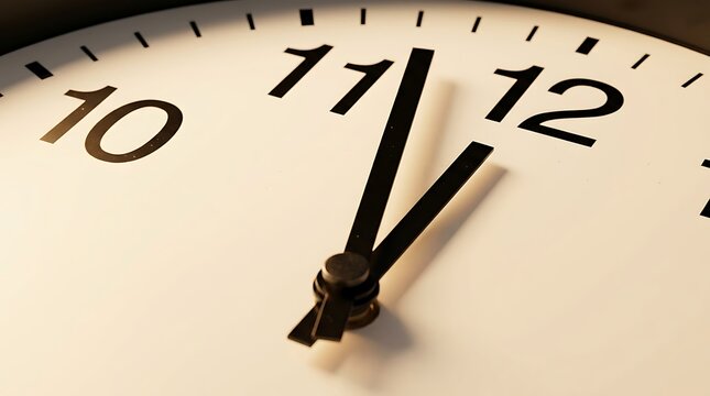 Macro shot of a white analog clock face showing black hour and minute hands near midnight