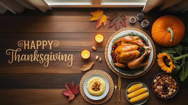 Thanksgiving Dinner Flat Lay with Roasted Turkey, Pumpkin, Autumn Leaves and Traditional Holiday Dishes, Festive Seasonal Food Background
