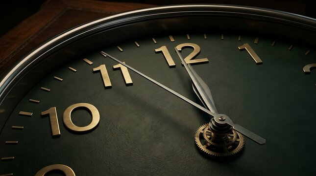 Close up of a vintage black analog clock face with brass numerals and exposed gears mechanism