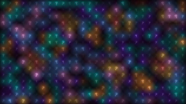 Abstract Dark Background with Glowing Colorful Question Mark Icons and Bokeh Pattern