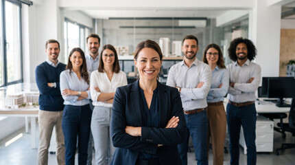 Obraz premium Property manager leads diverse residential management team, highlighting leasing, tenant services, maintenance coordination, property administration and professional real estate operations.