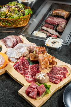 Raw beef and pork selection for grill