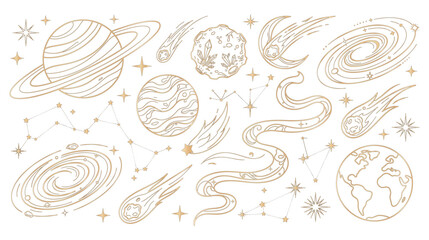 Celestial planets and cosmic comet elements in golden line style. © abedin