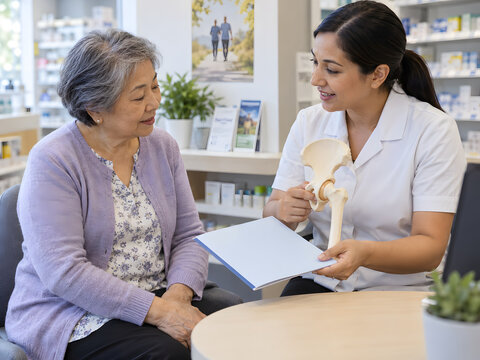 Older Asian woman receiving hip bone model and follow up folder for secondary fracture prevention after fragility fracture