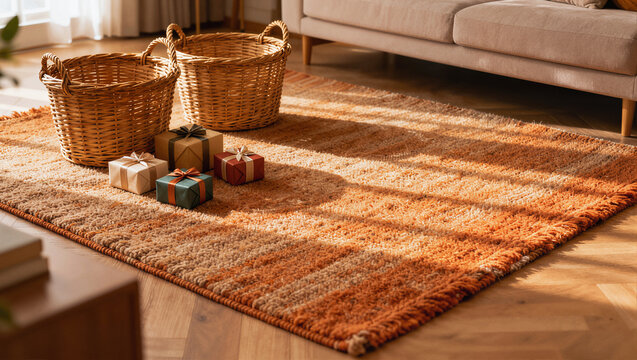 Sunlit living room with a striped woven rug, wicker baskets and three small wrapped gift boxes
