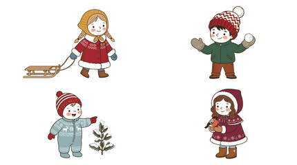 Fototapeta premium Cute Children Winter Outdoor Activities Vector Set with Kids Sledding Throwing Snowballs and Feeding Birds for Festive Christmas Greeting Card Designs