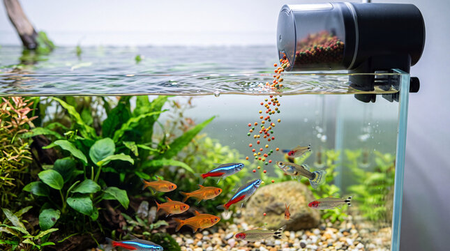 Aquarium feeder dropping fish food into tank with colorful small fish swimming near plants and gravel bottom