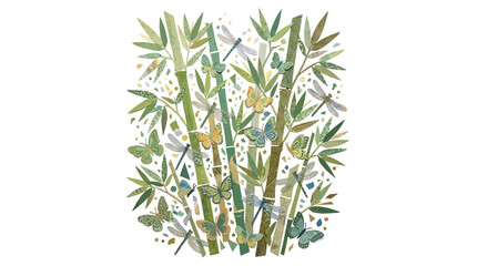 Fototapeta premium Bamboo Forest Illustration with Butterflies and Dragonflies, Watercolor Style, Nature Art, Isolated