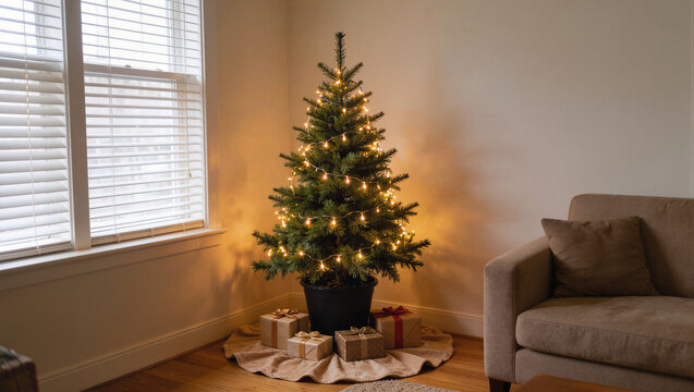 Potted Christmas tree with warm string lights, gifts and an armchair in a room corner