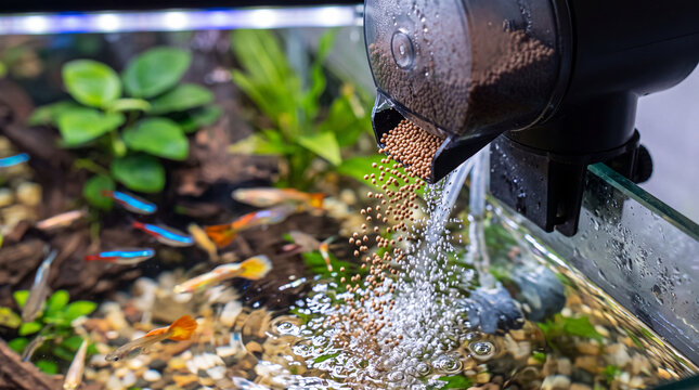Fish feeder releasing pellets into aquarium with colorful fish and green aquatic plants creating lively scene