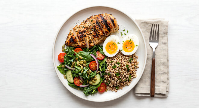 Healthy Chicken Breast Meal: A perfectly grilled chicken breast served with a side of fresh salad and whole grains, offering a balanced and nutritious meal.