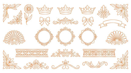 Royal crowns fleur de lis symbols and golden floral ornaments. © abedin