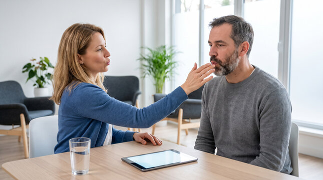 Speech therapist guiding communication rehabilitation exercise