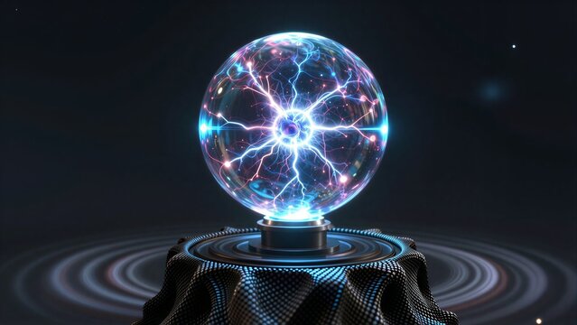 Glowing plasma sphere emits vibrant blue and pink electric sparks against a dark background.