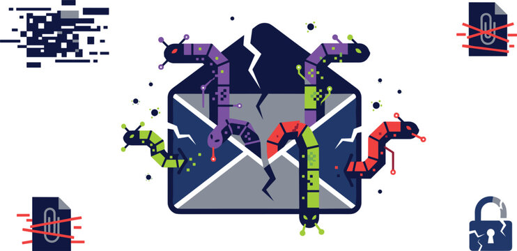 Cybersecurity Email Malware Attack Icon Set featuring Computer Worms Crawling from Broken Envelope, Unsecured Padlock, Corrupted Files, and Phishing Danger Graphic
