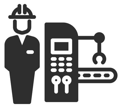 Factory engineer worker with industrial machinery black icon