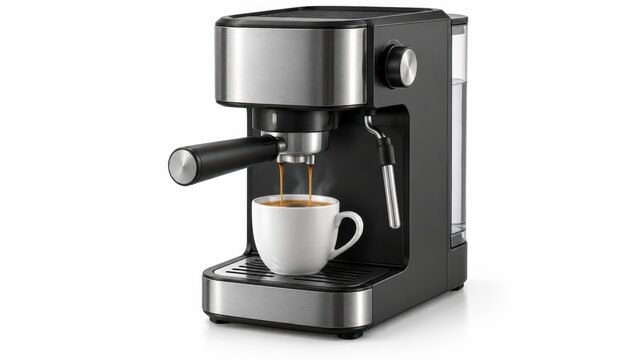 A sleek black and silver espresso machine brewing fresh coffee into a white cup, featuring a steam wand for frothing milk.