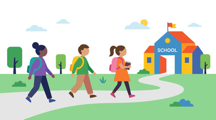 Fototapeta premium Diverse Children Walking Together Towards School Building Flat Vector Illustration