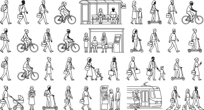Set of diverse people walking cycling and using public transport in a flat black and white vector style