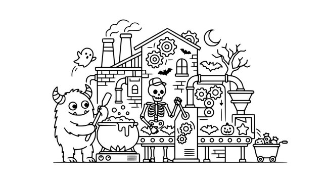 Halloween Factory: Monster, Skeleton, Ghost Making Treats - Line Art