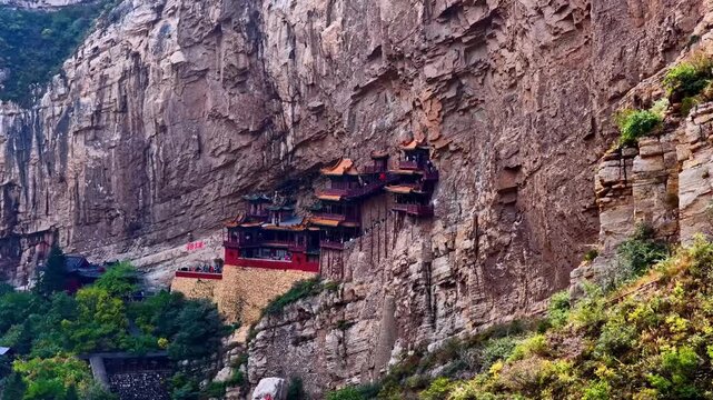 Hanging Temple on Mount Heng Aerial Panorama 4K