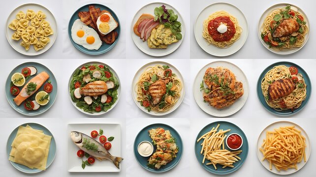 Assorted Asian Food Dishes Arranged in a Grid, Overhead View of Colorful Meals, Noodles, Sushi, Rice and Vegetable Dishes