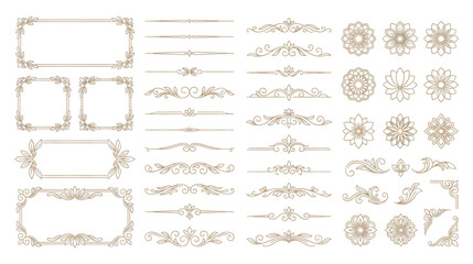 Fototapeta premium Elegant floral luxury frames and calligraphic dividers gold outlines.