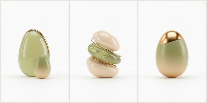 Abstract 3D compositions of smooth egg shapes and rounded stones in green and gold tones