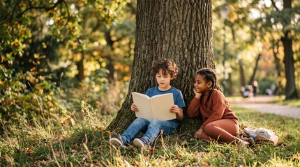 Fototapeta premium Two diverse children reading a book together under a large tree in a park during autumn