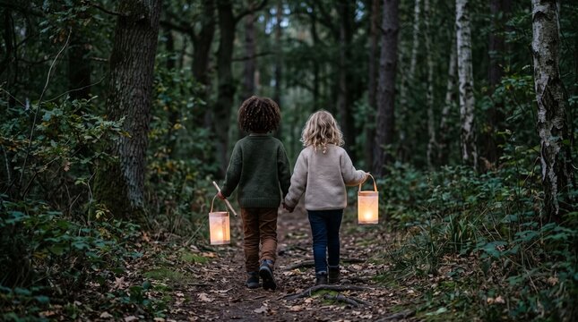 Two children holding hands walking in a dark forest at dusk carrying glowing lanterns