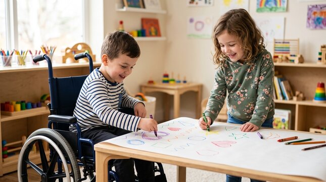 Two happy children, one in a wheelchair, drawing together on a large sheet of paper with crayons in a bright classroom