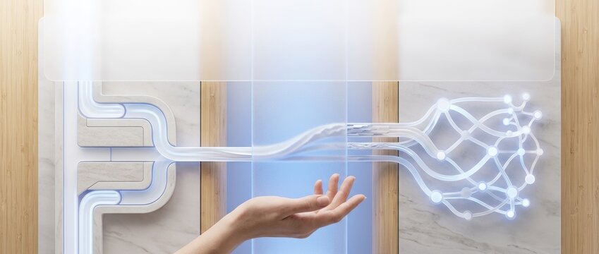 Business workflow handoff with human guidance, structured flow crossing a transparent transition panel into a connected network with wide copy space