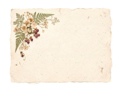 Elegant vintage aged paper with pressed dried flowers and fern, providing a rustic background for natural messages or invitations