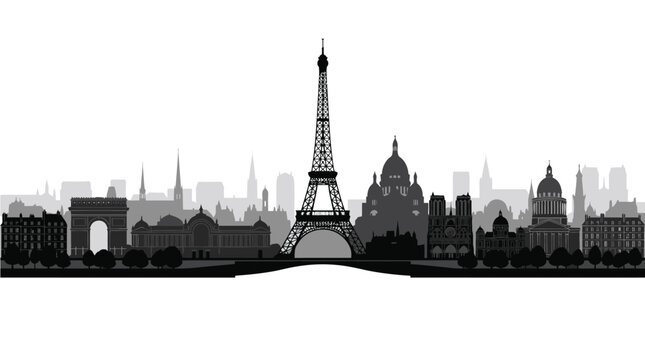 Detailed paris skyline vector illustration featuring famous historical monuments set against a minimalist white background backdrop