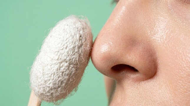Woman exfoliating pores on her nose using a natural silkworm cocoon
