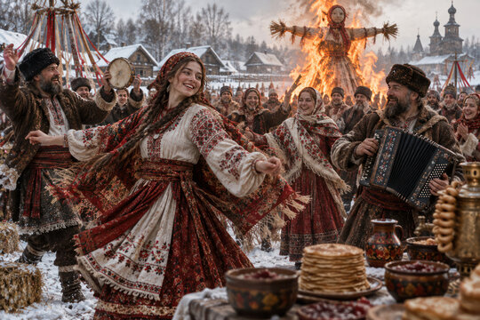 Traditional Slavic Maslenitsa Celebration with Burning Effigy, Folk Dance and Pancakes