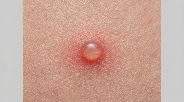 Macro close up of a clear fluid filled blister or vesicle on human skin