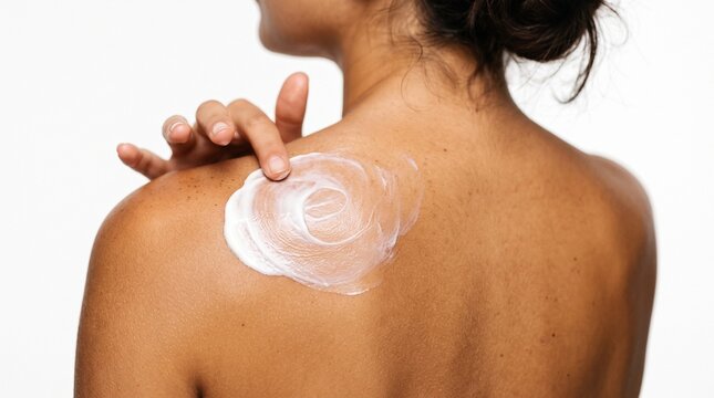 Close up of sun kissed skin with moisturizer applied to shoulder and back, isolated on white background summer