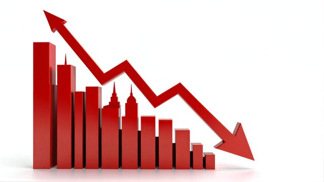 Red arrow points down over city skyline, symbolizing economic decline.