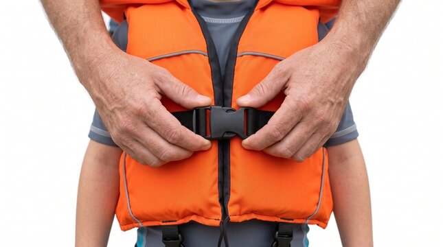 Father secures childs orange life vest with buckle on white background for water safety summer